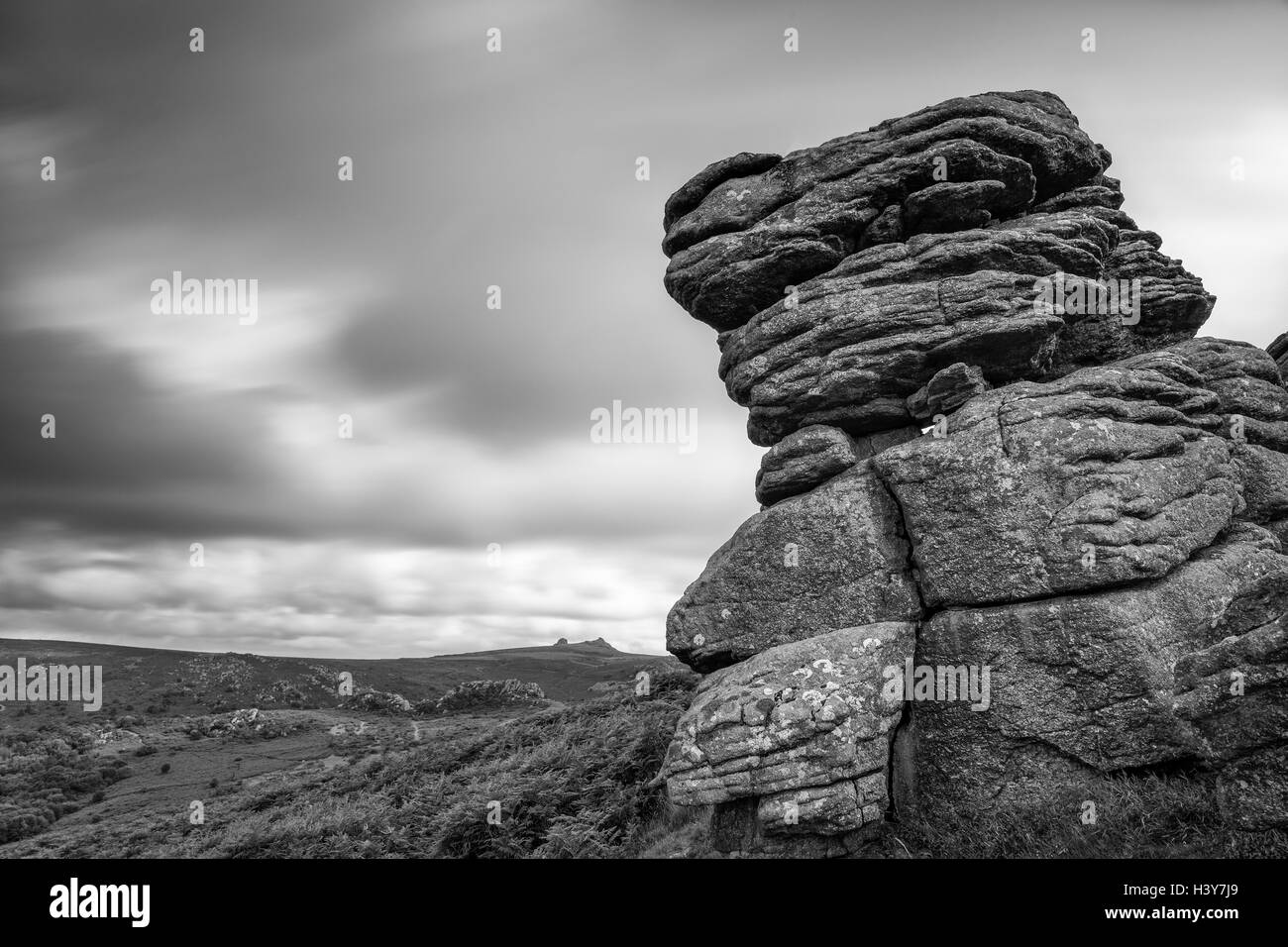 View of distant Black Hill from Hound Tor, Dartmoor, UK Stock Photo