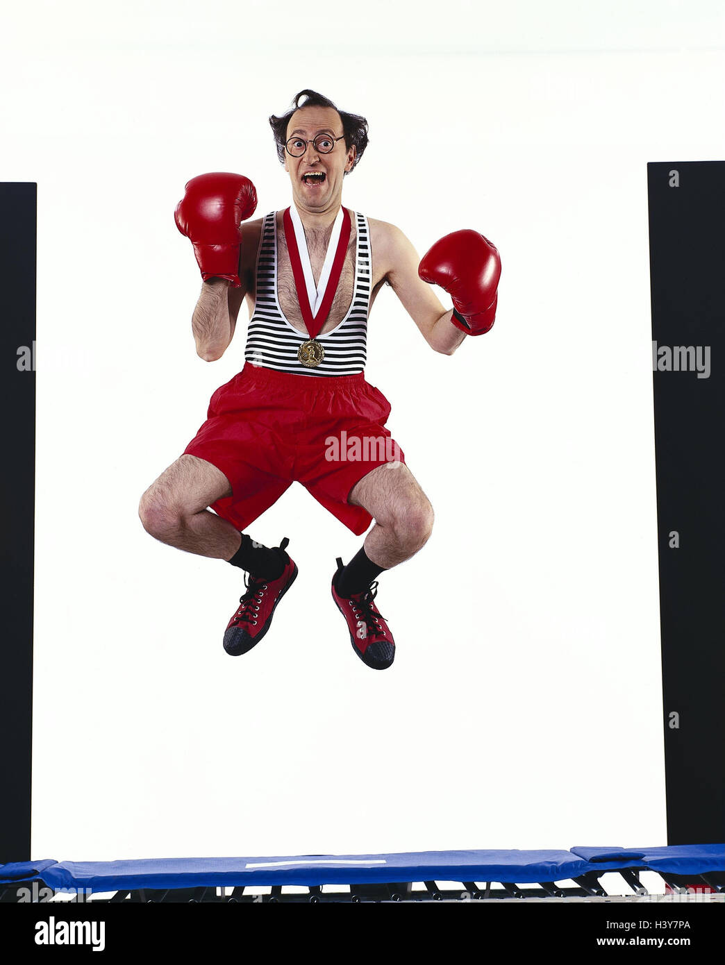 Man, glasses, medal, boxing gloves, caper, gesture, boxer, boxing glove, sport, sportsman