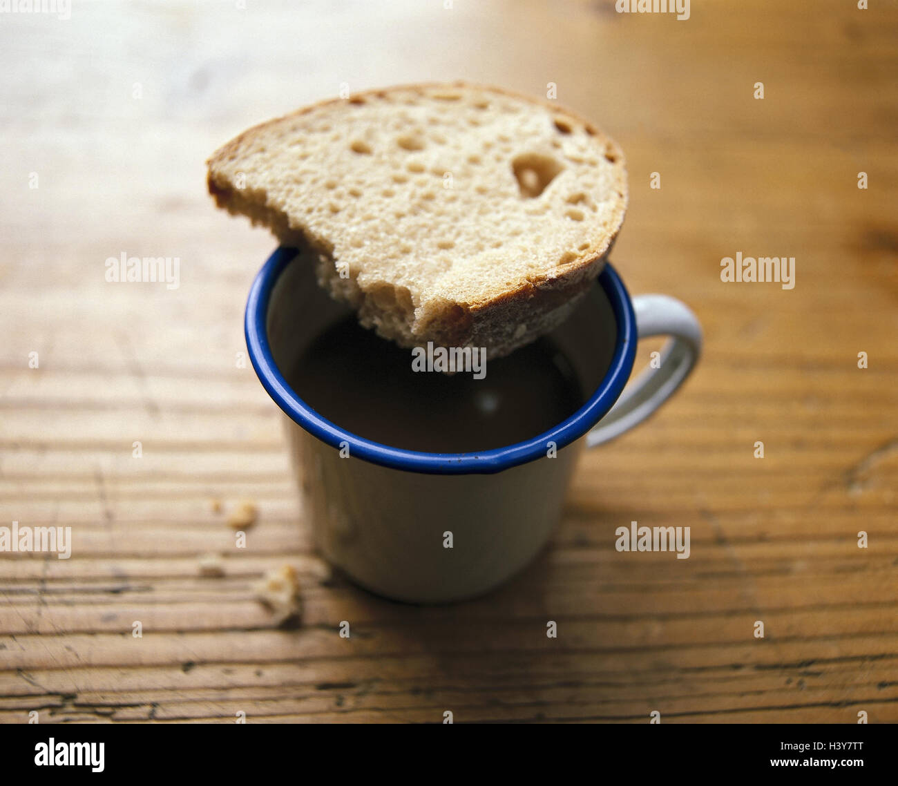 Coffee cup, slice bread, Still life, product photography, cup, mug, coffee, drink, bread, drily, slice, food, drinking, meagerly, poverty, diet, meal, Spartan, of a little, decrease, nutrition, asceticism, thin food, renunciation, discipline, frugality, Stock Photo