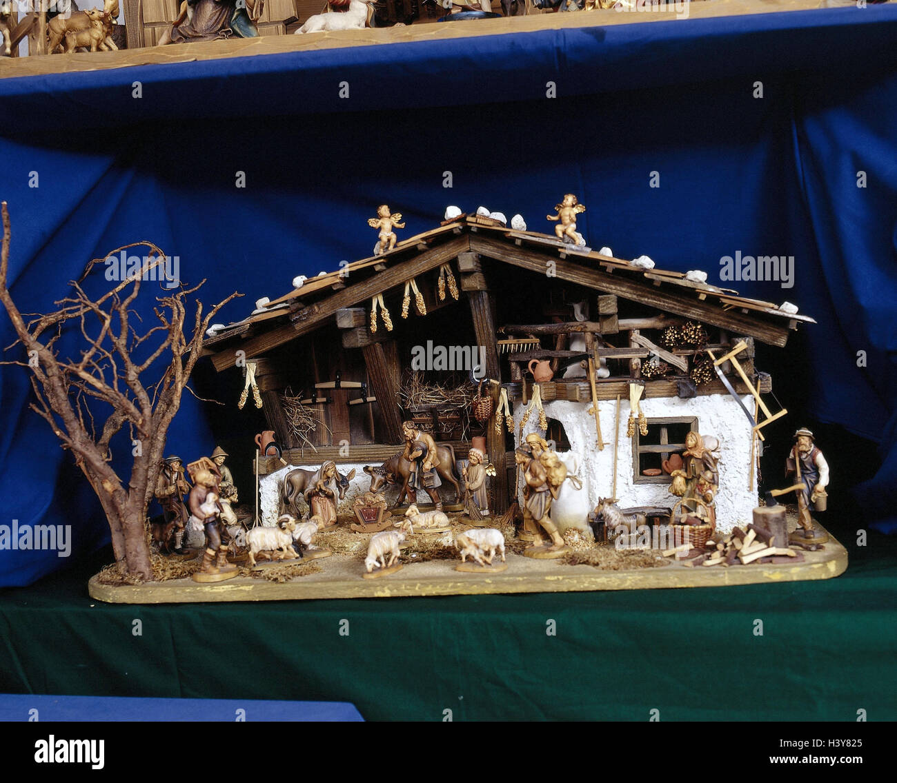 Creche Tirol home manger, Christmas, manger, traditions, religion, holy family, Jesus's child, nativity figurines, figures, wooden, wooden figures, product photography, Still life Stock Photo