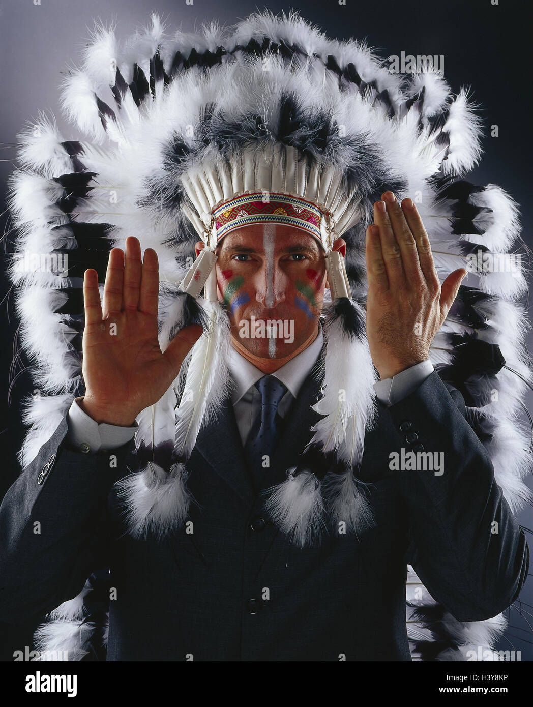 Indians, headman, war paint, suit, feather jewellery, gesture, half