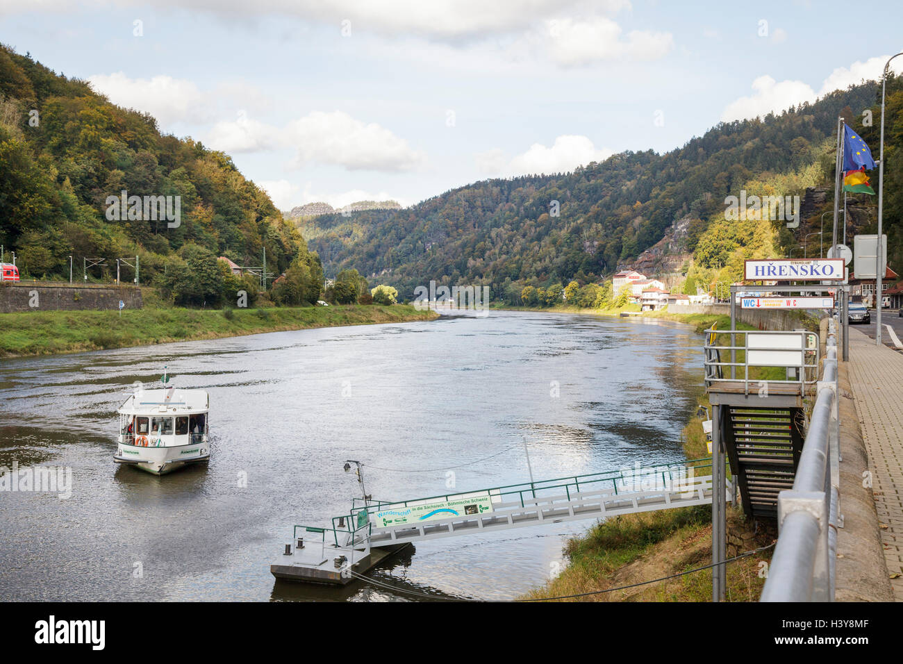 River Elbe with public transport ferry, Bohemian Switzerland, Hrensko, Usti nad Labem, Czech Republic Stock Photo