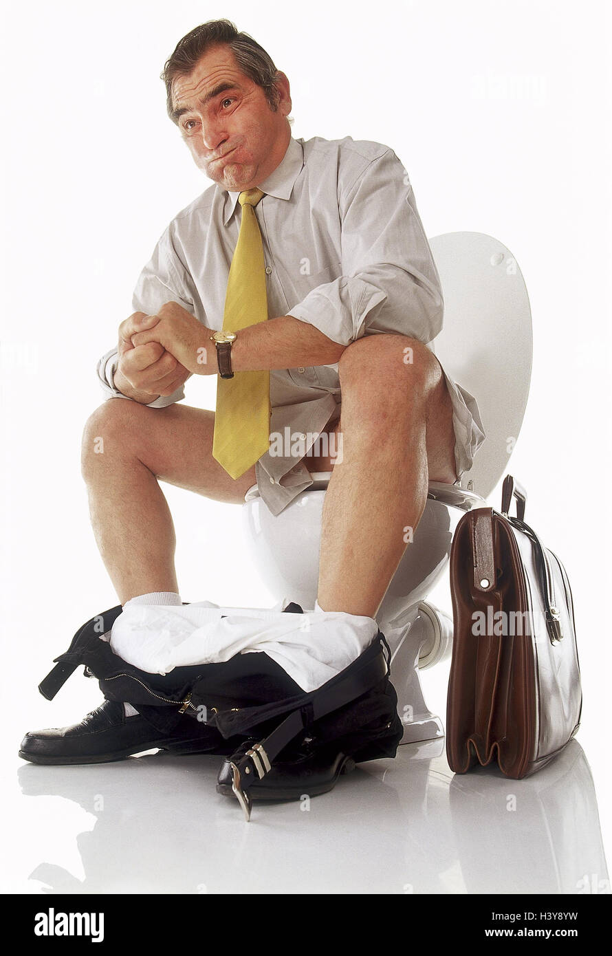 Man, middle old person, toilet, sit, strain, briefcase concepts,  businessman, facial play, expression, strain, problem, load, need,  blockade, studio, cut out Stock Photo - Alamy