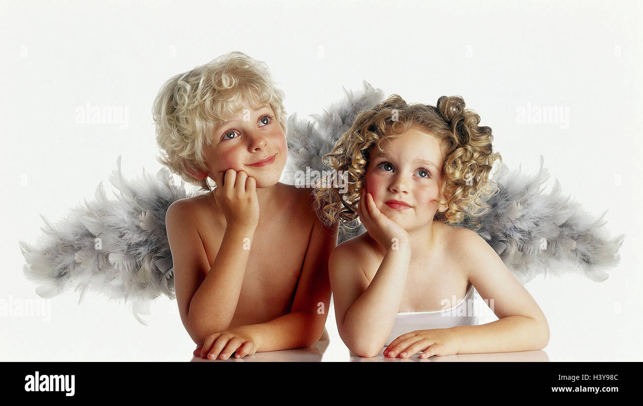 Boy, girl, angel, head, added support, view, up, pious, dreams away x-mas, Christmas, children, two, curls, lining, wing, angel's wing, dreams, longing, wait, studio, cut out, X MAS folder, Stock Photo