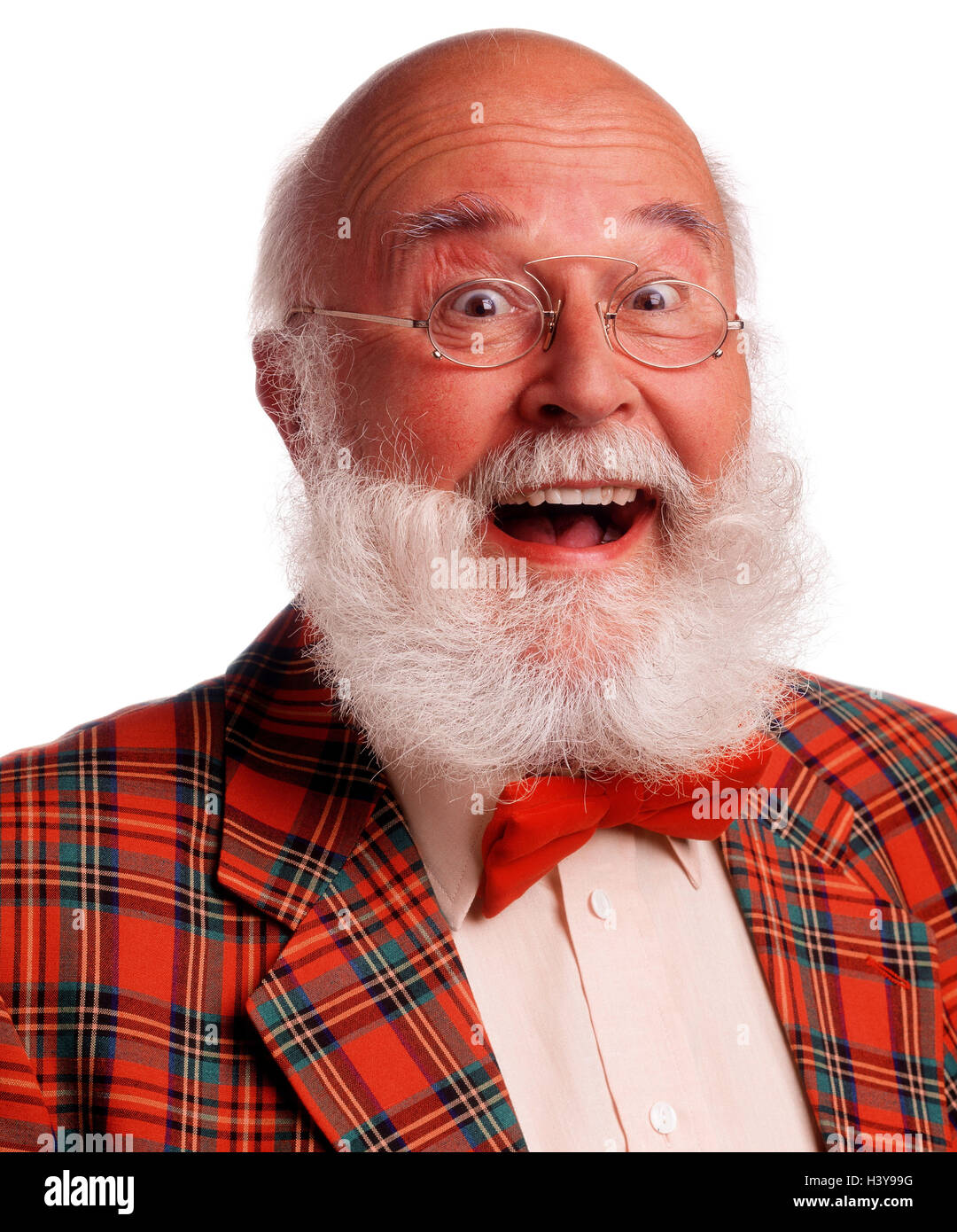 Senior, bald head, jacket, checked, glasses, beard, laugh, joy, portrait, Senior, inside, man, old, full beard, white, bulkheads, jacket, sports jacket, Scot's samples, square, red, glad, happy, cheerfully, in a good mood, fun, studio, near, cut out, Stock Photo