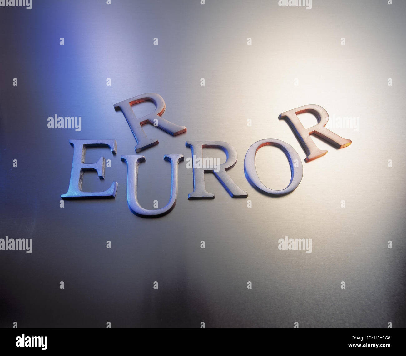 Letters, stroke, euro, Error currency, monetary union, single currency, changeover to the new currency, mistake, error, error message, wrong, 'Eurror', finances, economy Stock Photo