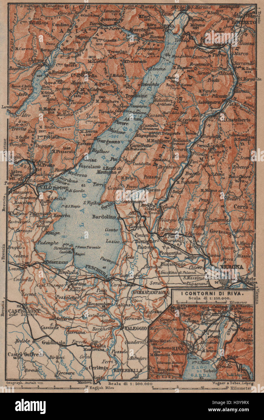LAGO DI/LAKE GARDA. Riva Salo Peschiera Verona. topo-map. Italy mappa 1906 Stock Photo