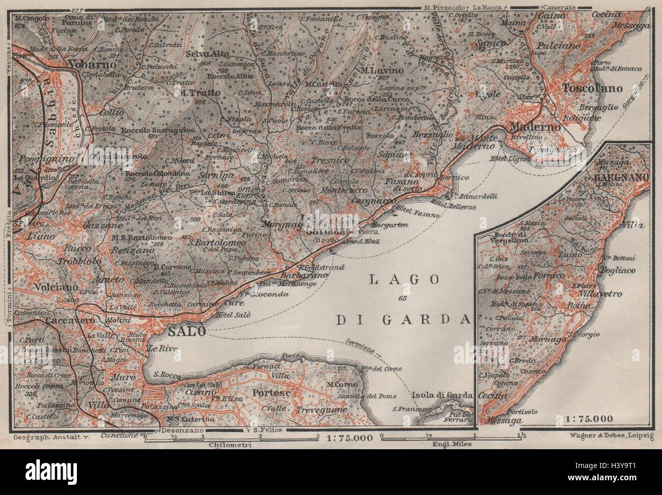 SALO MADERNO GARGNANO environs. Lago di/Lake Garda. Brescia. BAEDEKER 1906 map Stock Photo