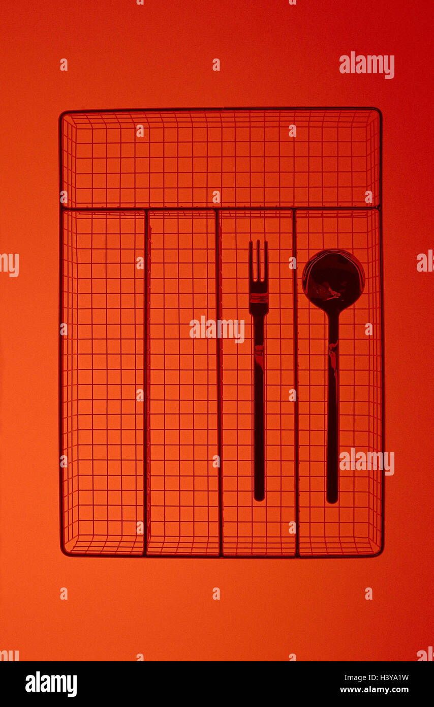 Cutlery box, metal, spoon, branch, spectral filter, red, cut out, product photography, instruments, flatware, Stock Photo