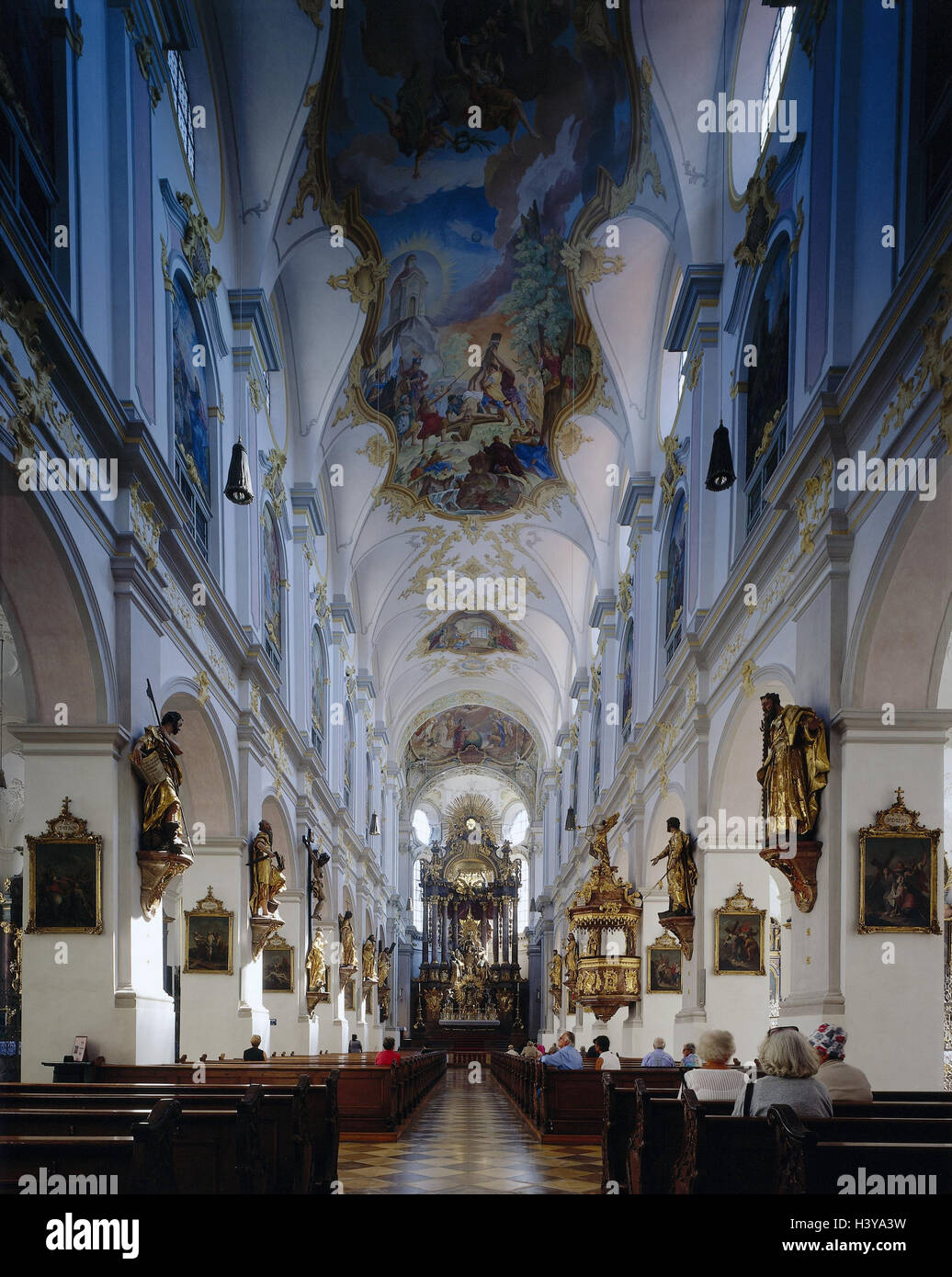 Germany, Bavaria, Munich, Peter's church, central nave, believers, Upper Bavaria, church, St. Peter, 'old Peter', inside, interior view, faith, religion, benches, saddles, altar, chancel, high altar, vault, ceiling fresco, frescoes, painting, culture, art Stock Photo
