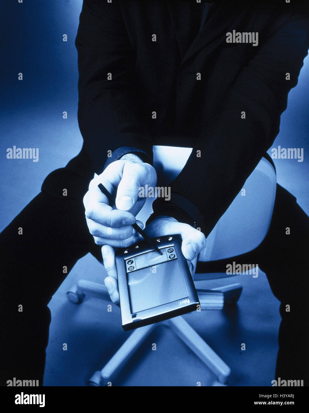 Man, detail, hand hero PC, service, monochrome, businessman, work, computer, pouch format, 'Palm V', Palmsize, Organizer, notepad, production data acquisition, Touchpen, data entry, use, user, user, user, e-business, e-commerce, data processing, pen, spec Stock Photo