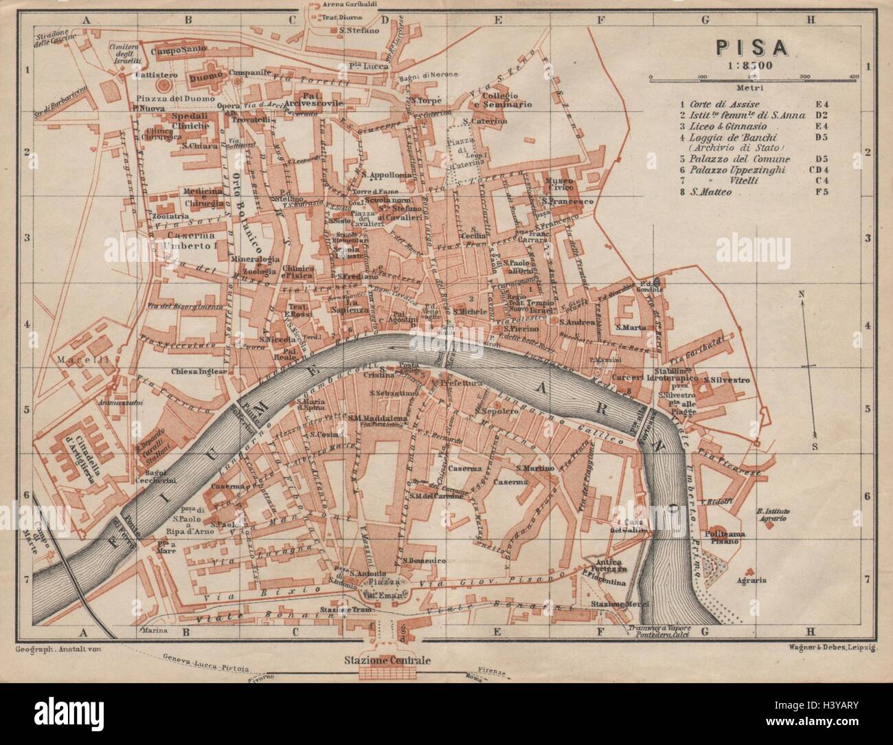 PISA antique town city plan piano urbanistico. Italy mappa. BAEDEKER ...