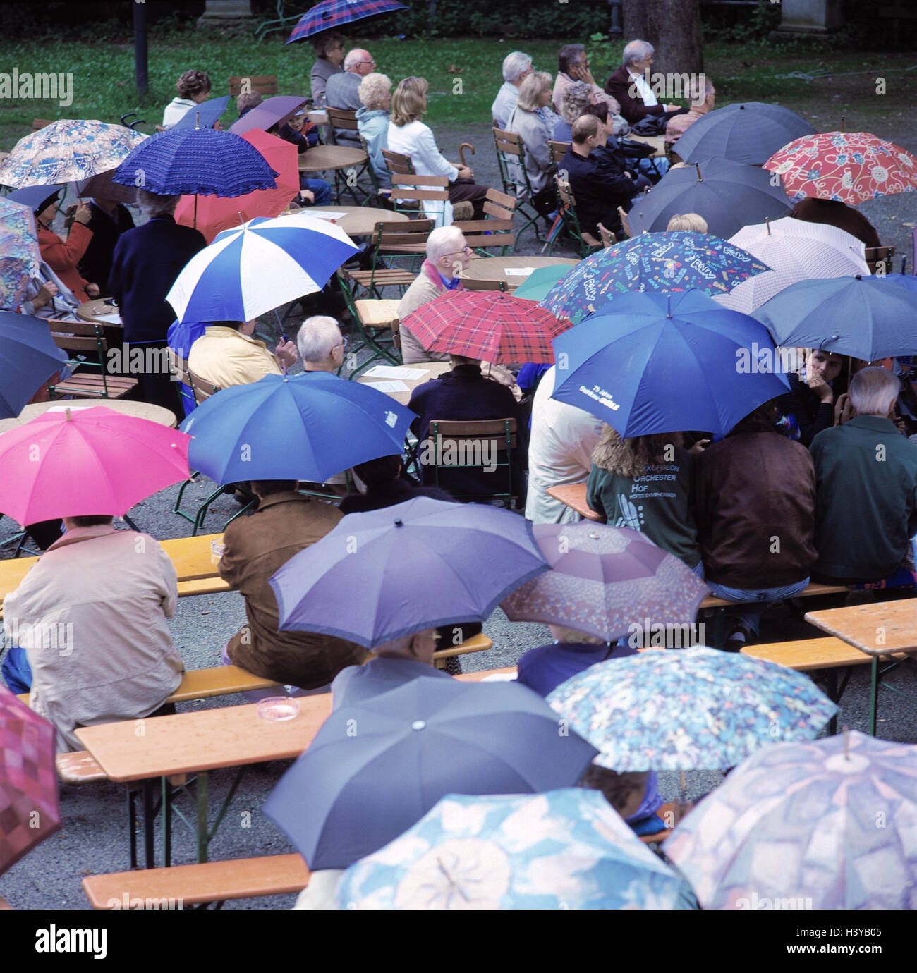 Park, seating, person, umbrellas, beer garden, beer tables, beer tent