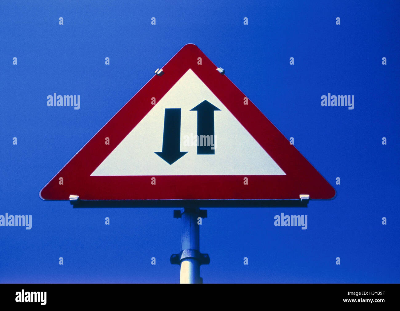 Traffic signs, 'two-way traffic', product photography, road sign, sign, tip, sign, road sign, attention, product photography Stock Photo