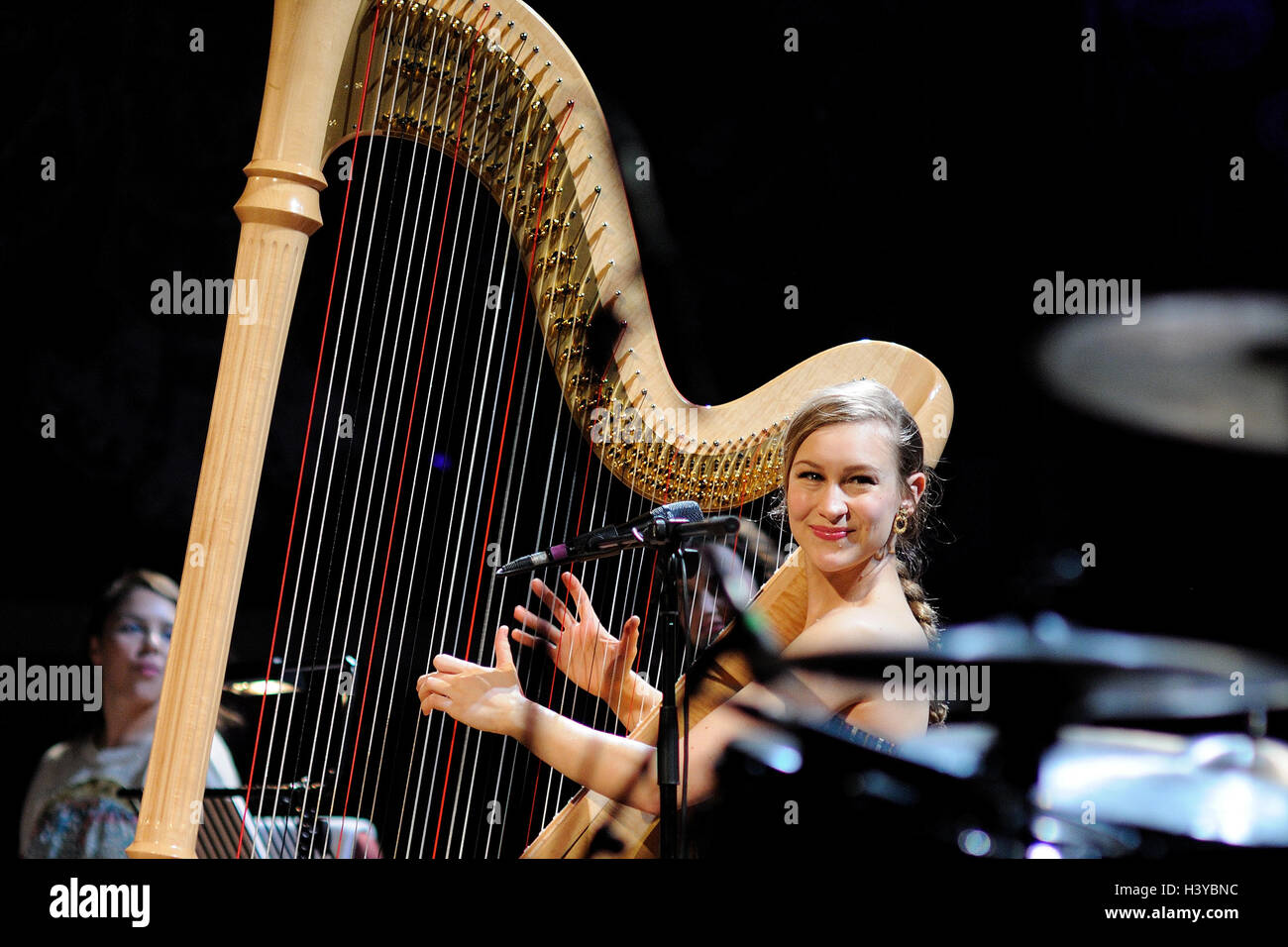 BARCELONA - JAN 20: Joanna Newsom, harp player and singer, performs at Palau de la Musica Catalana. Stock Photo