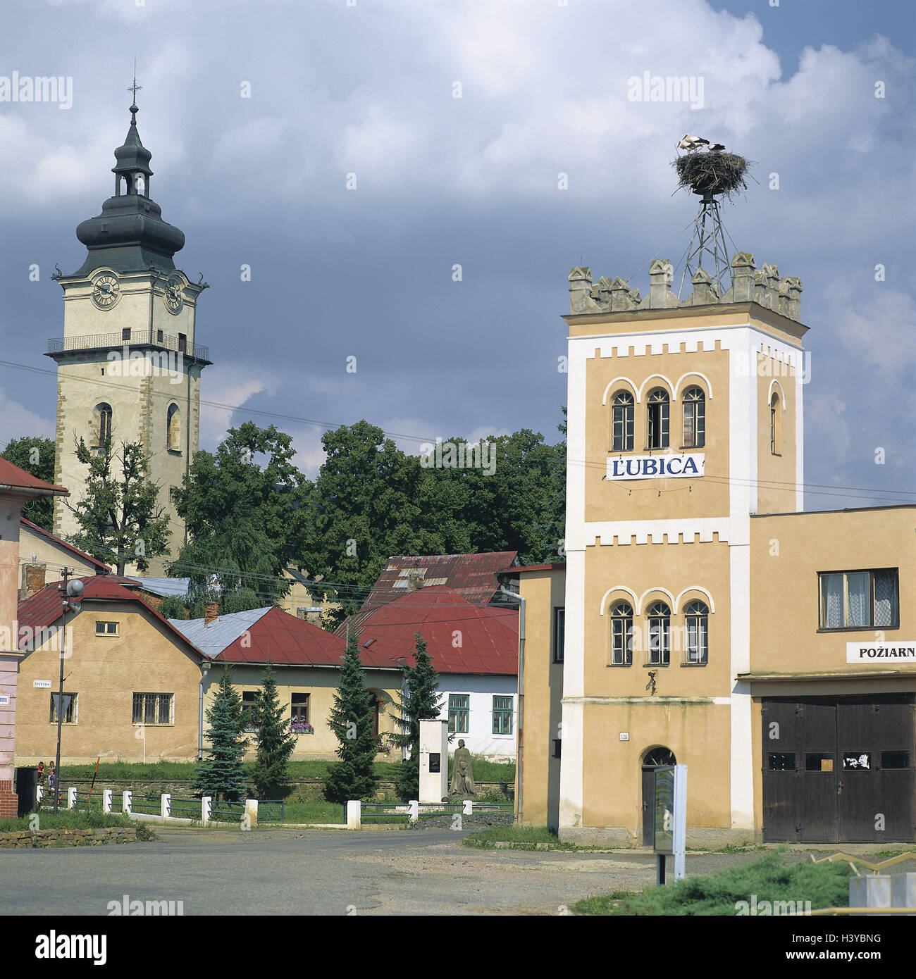 Slovakia, Lubica, local view, building, stork|s nest, Europe, place, Carpazi bianchi, centre, structure, white storks, Ciconia ciconia, Horst, birds, wild animals, Stelzvögel, birds passage, nesting place, outside, the Slovakian republic Stock Photo