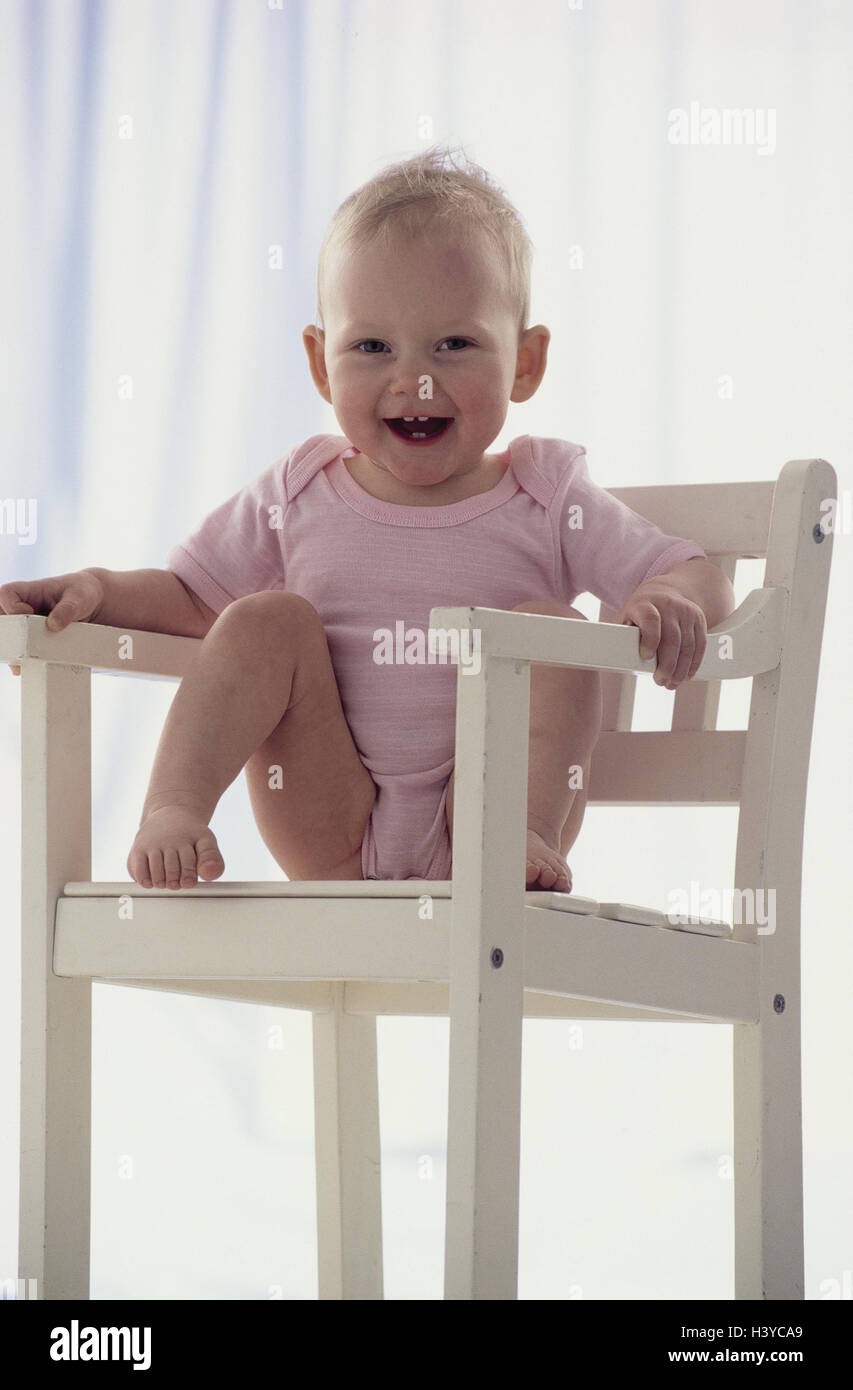 Chair, baby, sit, detail, inside, studio, underwear, body, child, infant, 18 months, happy, smile, contently, satisfaction, happy, fun Stock Photo