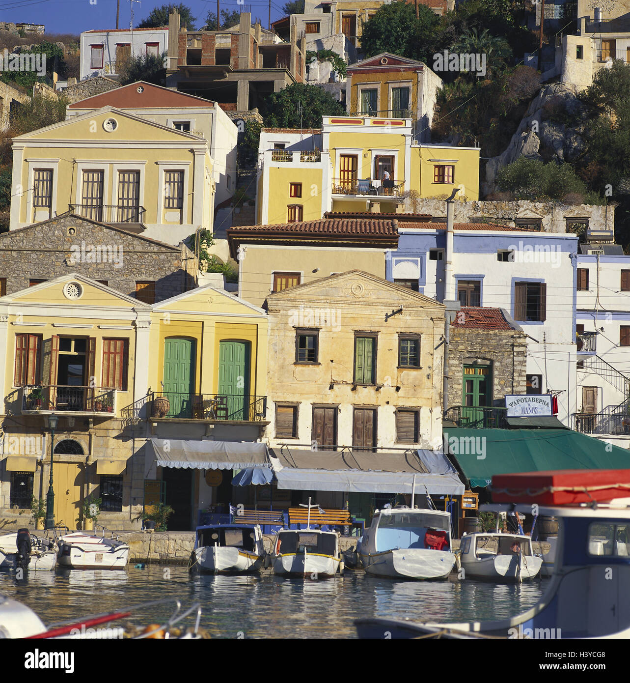 Greece, Simi, Simi town, harbour, boots, Dodekanes, townscape, island, island Simi, Symi, Gialos, the Aegean Sea, Aegean sea, town, the southern Sporades, island group, townscape, residential houses, '12 islands' Stock Photo