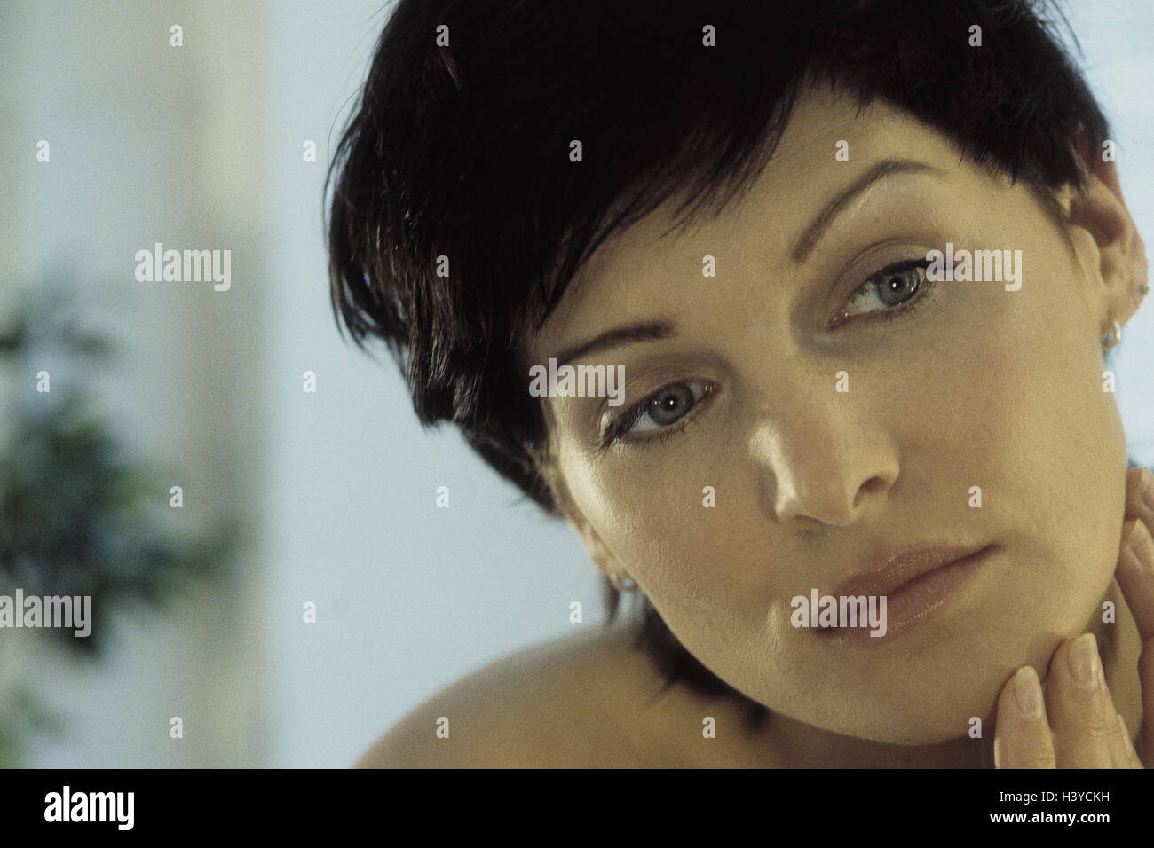 Woman Seriously Chin Feel Portrait Young Dark Haired Short