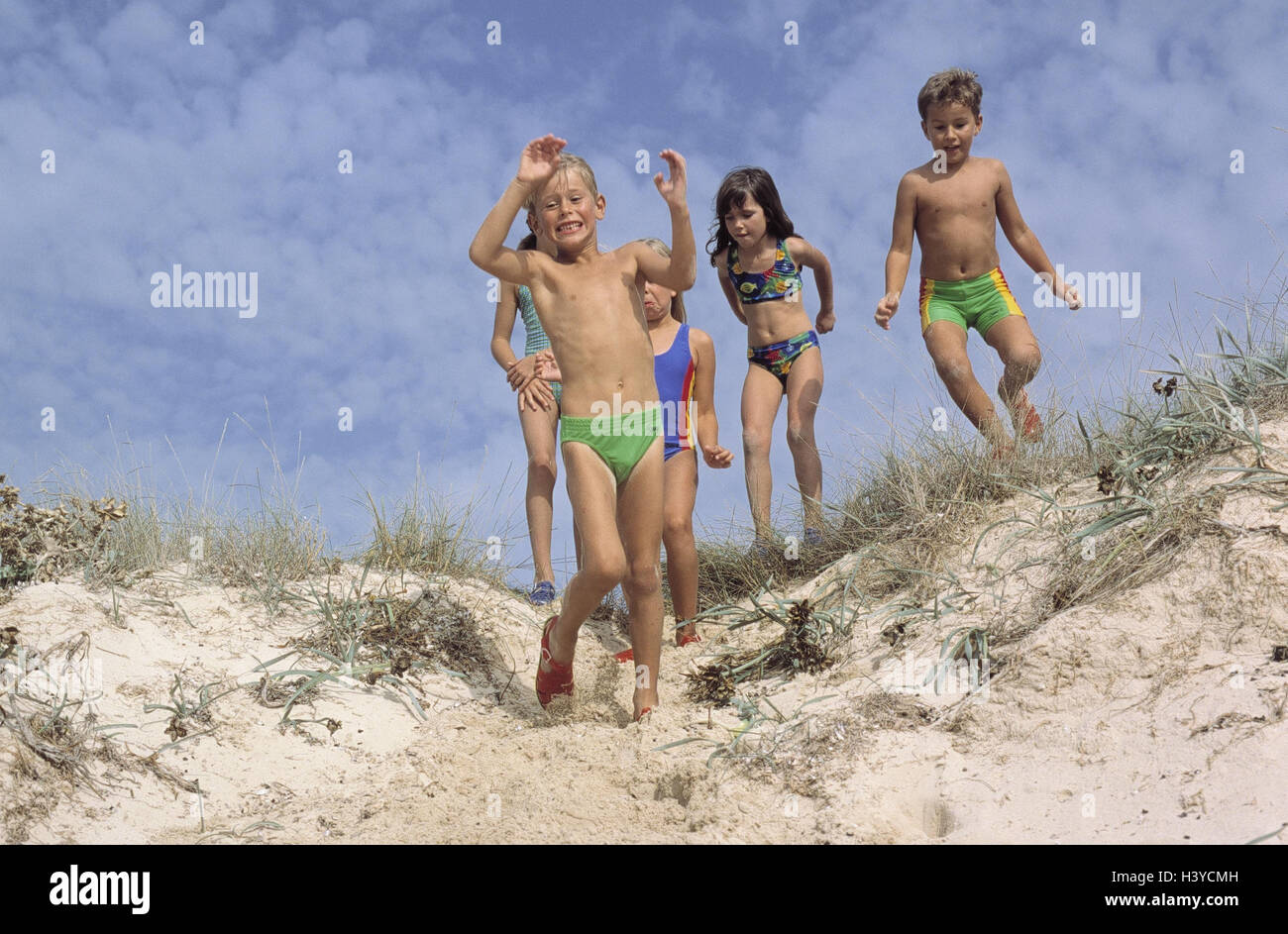 Dune, children, swimwear, melted, summer, beach, Sand, vacation, holidays, leisure time, childhood, friends, girls, boys, 7-9 years, rave, play, melted, run, run, summer holidays, outside Stock Photo