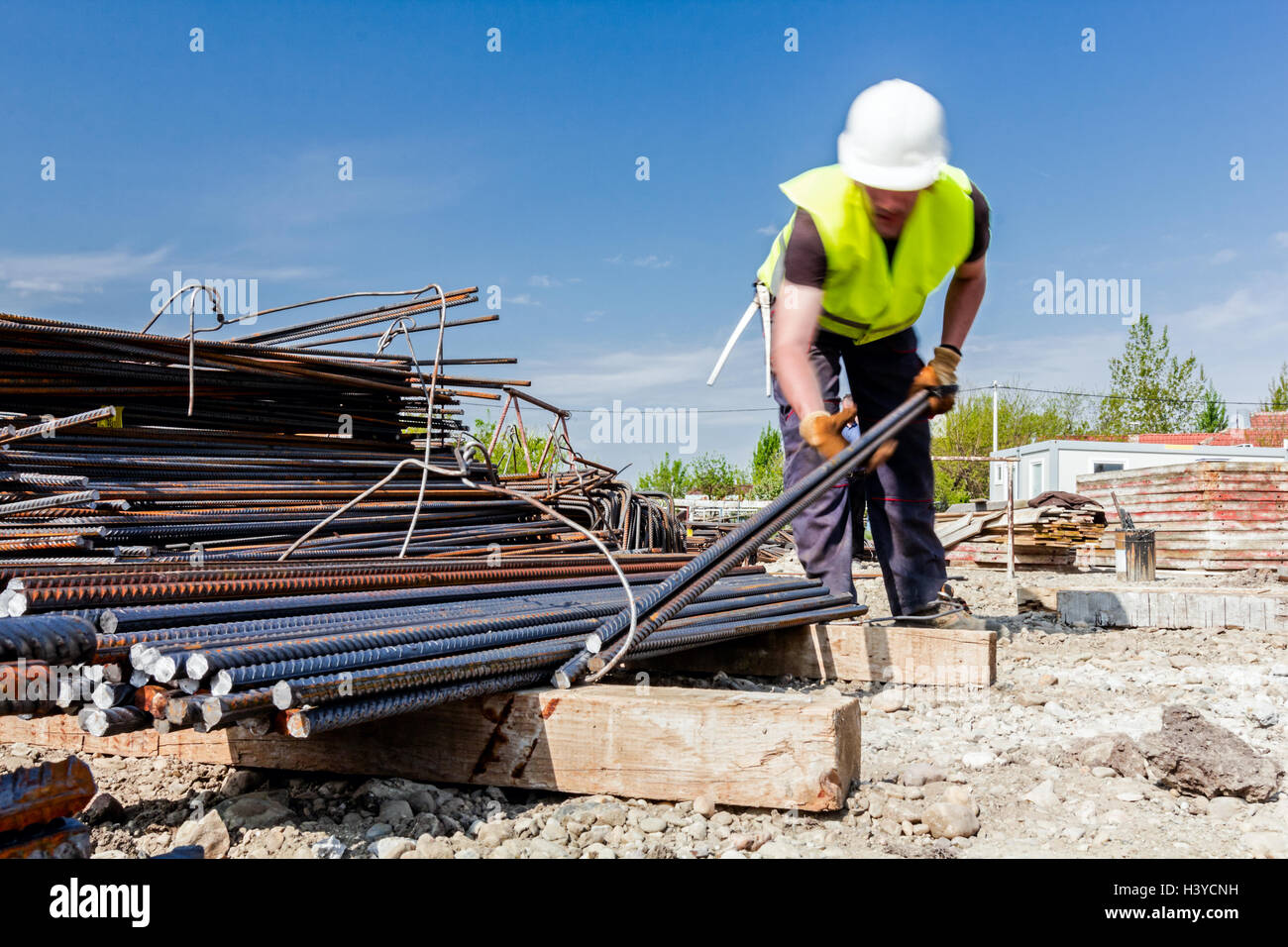 Steel bars are stacked for construction, classified by the bending