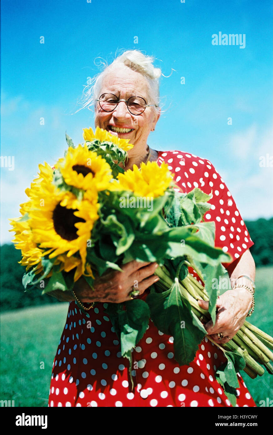Senior, bouquet, sunflowers, half portrait, old person, woman, old, glasses, happy, smile, flowers, summer dress, summer, outside Stock Photo