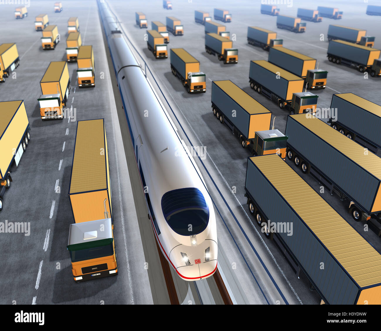 Illustration, traffic, railway, train, street, truck, traffic
