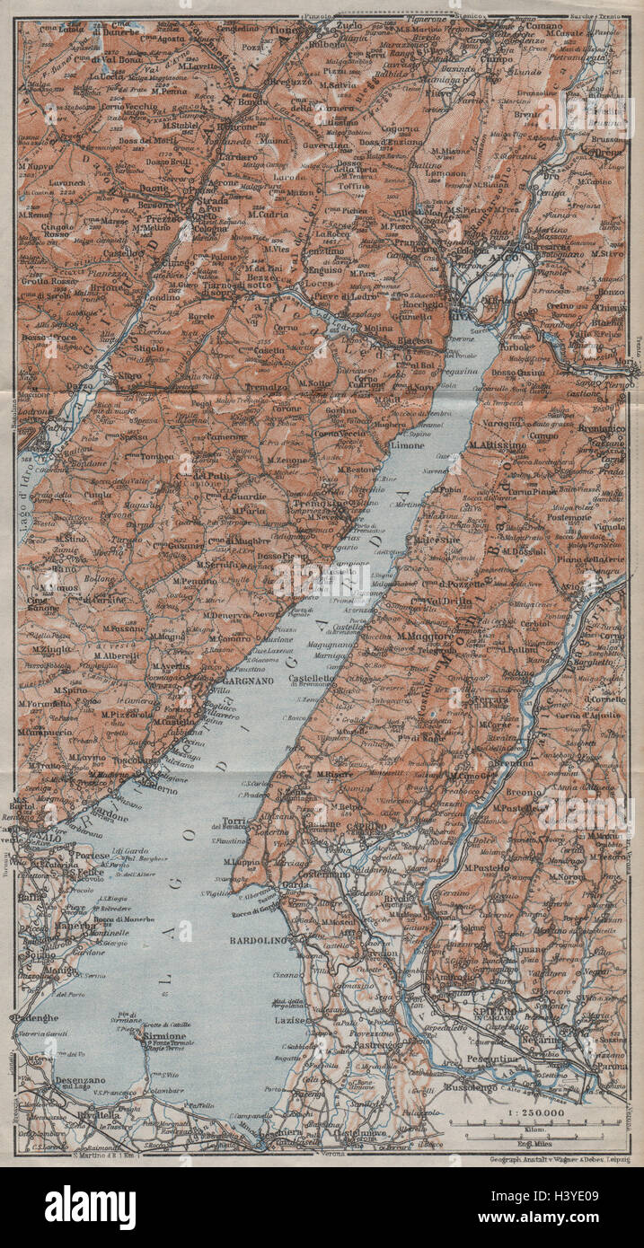 LAGO DI/LAKE GARDA. Riva Salo Gargnano Bardolino. Topo-map. Italy 1913 old Stock Photo