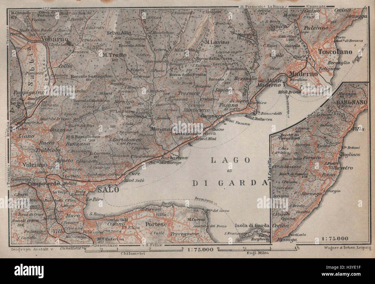 SALO MADERNO GARGNANO environs. Lago di/Lake Garda. Brescia. BAEDEKER 1913 map Stock Photo