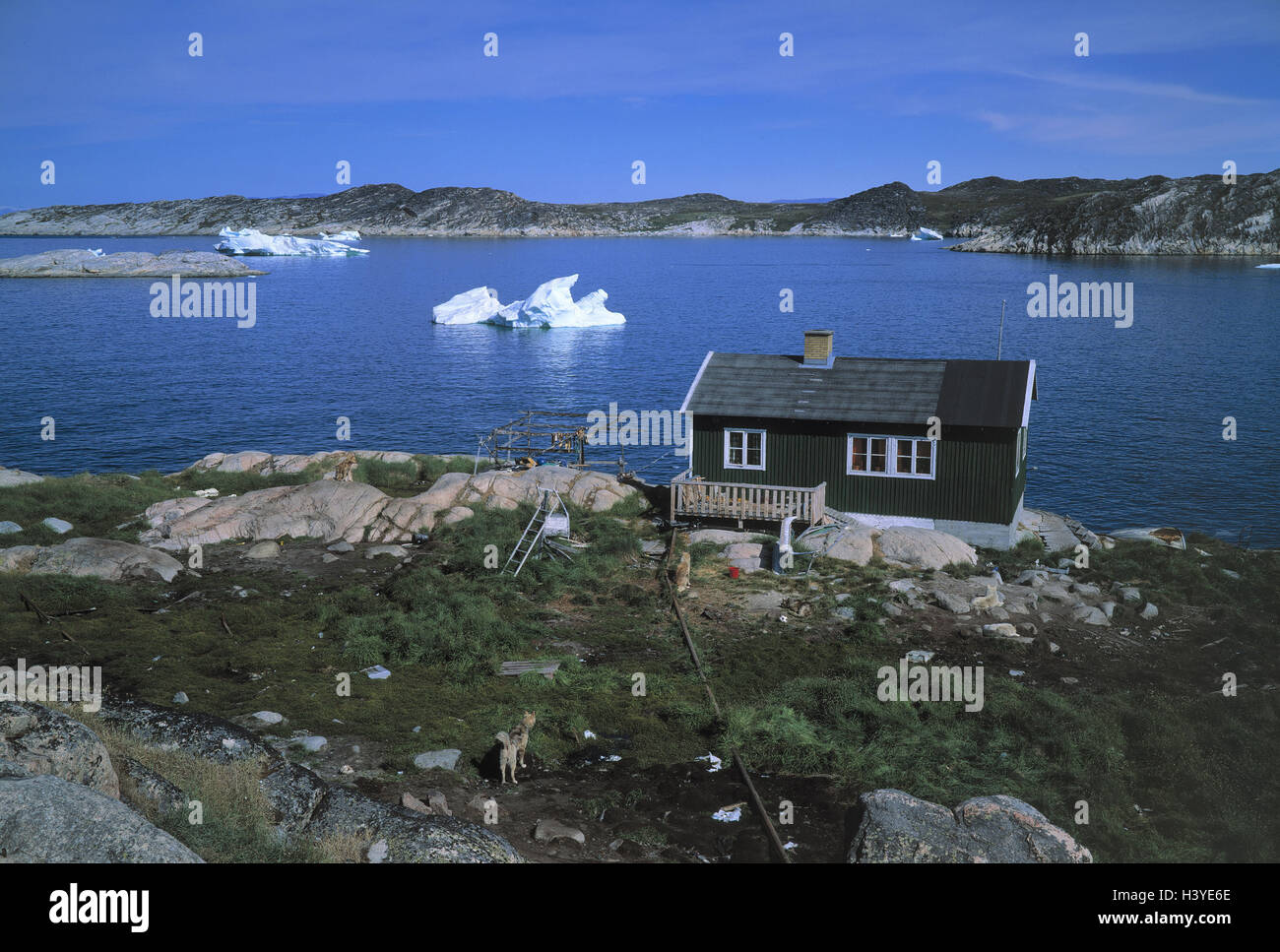 Denmark, Greenland, Jakobshavn house, sea Inuit town, west Greenland, place, view, fishing house, residential house, architectural style, typically, coast, Atlantic, the Atlantic, icebergs, floes, Stock Photo
