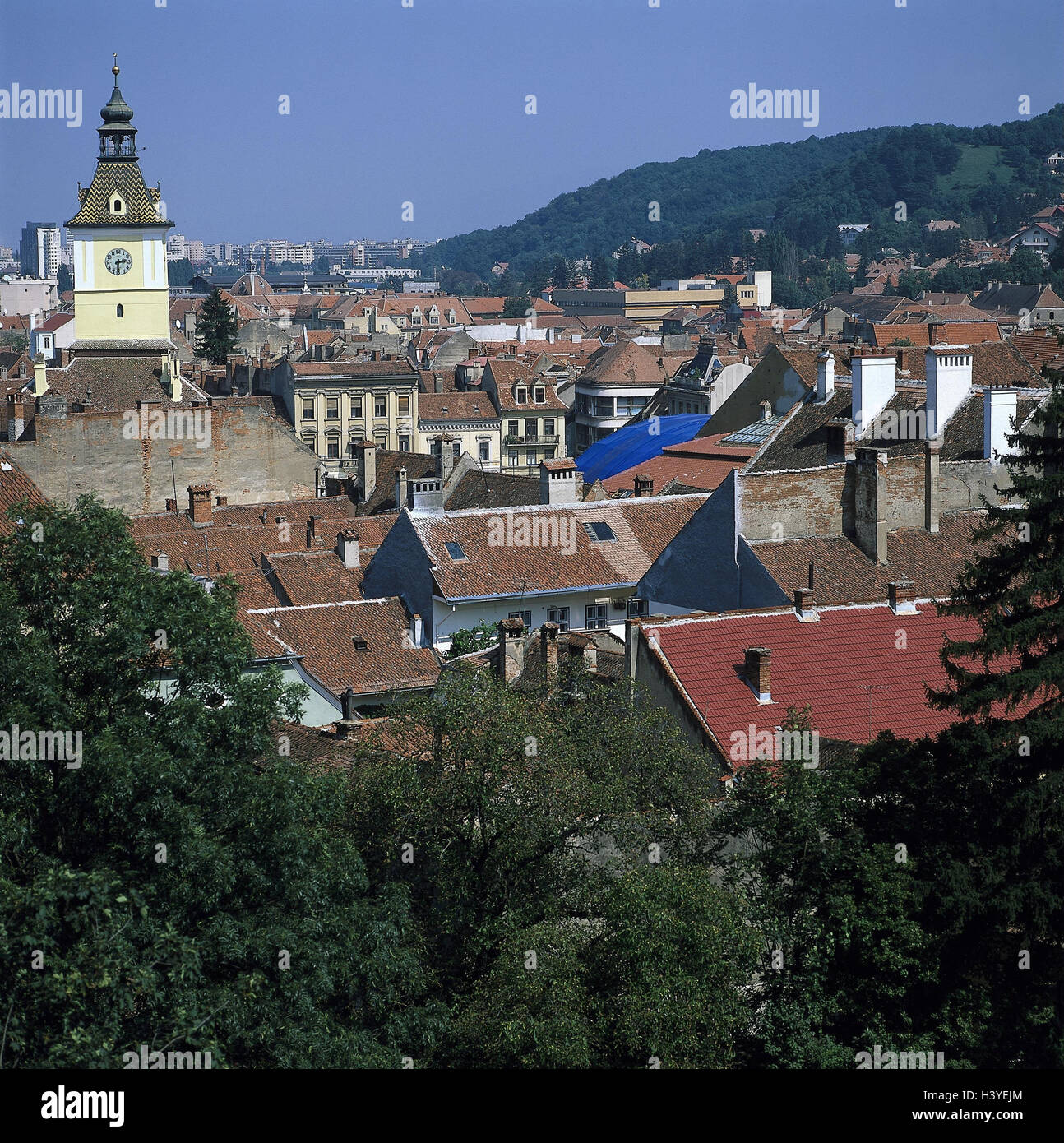 Romania, Brasov, town view, city hall, Southeast, Europe, Transylvania, Transylvania, Burzenland, Kronstadt, houses, residential houses, view Stock Photo