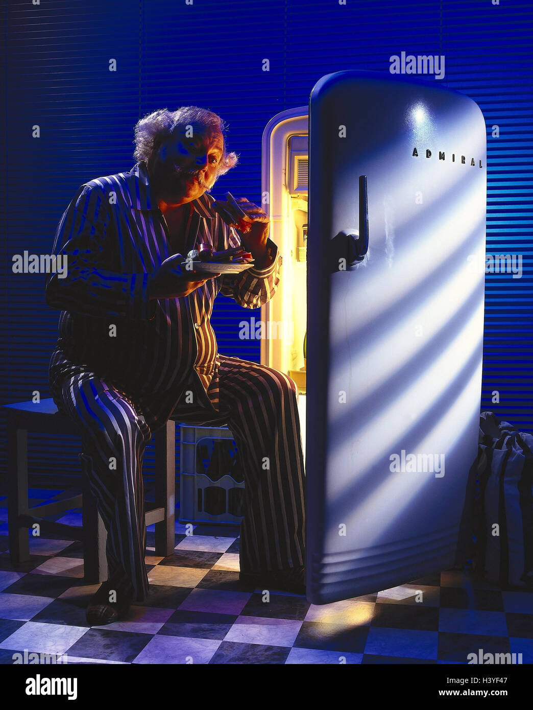 Senior, sleep suit, fridge, opened, sausage-meat sandwiches, eat, night, inside, man, old, cuisine, breads, books, food, secretly, sitomania, appetite, hunger, hungry, inconsistency, calories Stock Photo