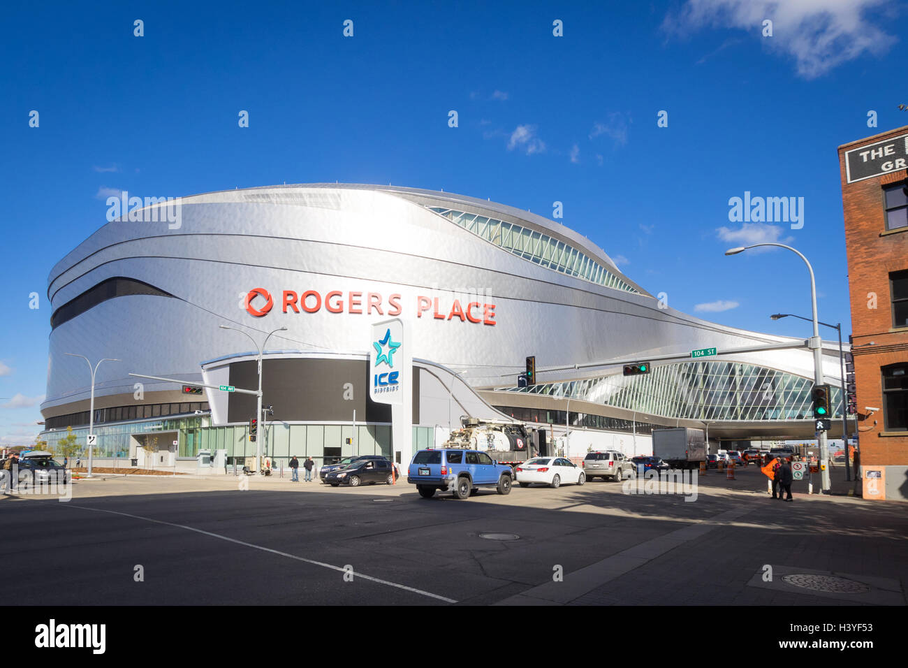 Rogers Place, a multi-use indoor arena in the Ice District of downtown Edmonton, Alberta, Canada. Stock Photo