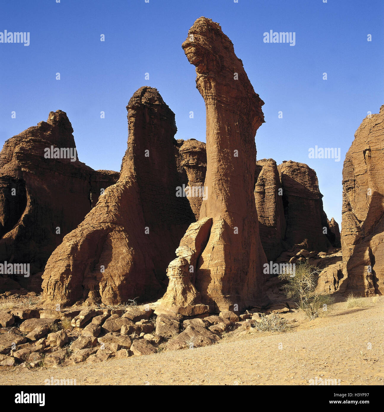 Chad, mesa country Ennedi, Georges d'Archei, Fada, bile formations, 'camel head' Central, Africa, landlocked country, Sahara, mountainous country, sediment rock, rock, bile formation, 'fairy chimneys', boulders, nature, imagination, Stock Photo