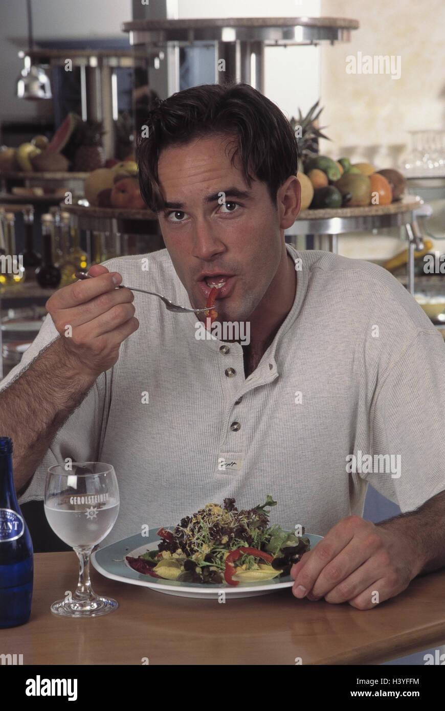 Locally, man, eat, salad plates, mineral waters inside, bar, restaurant