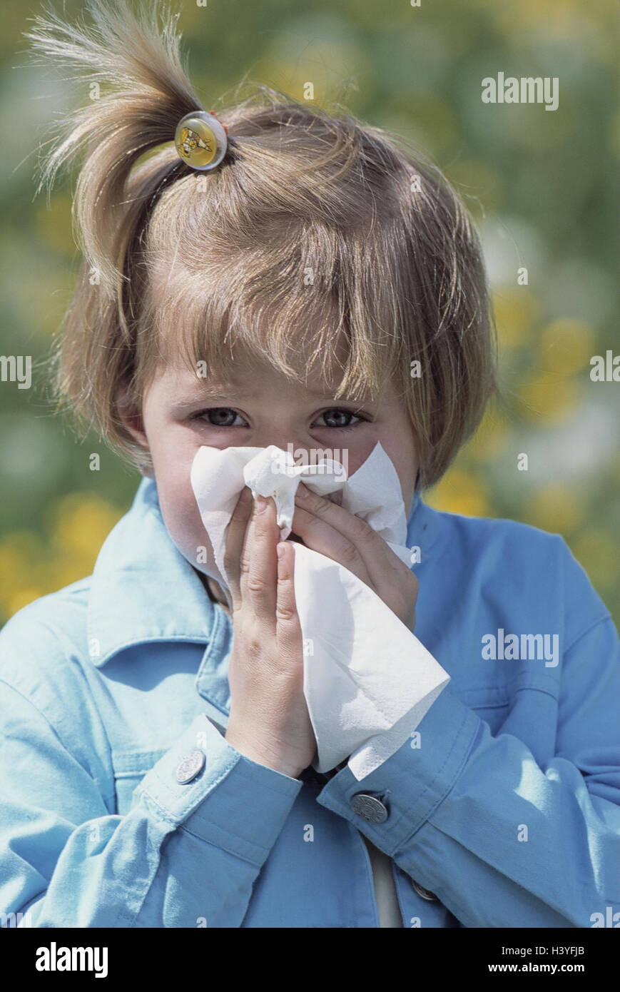 Girls, flower meadow, hay fever, paper tissue, portrait, meadow, flowers, child, allergy, polling allergy, reaction, allergically, pollen, allergens, pollen, flower pollen, polling allergy, sneeze, clean to walrus moustaches, nose, disease, summer, outsid Stock Photo