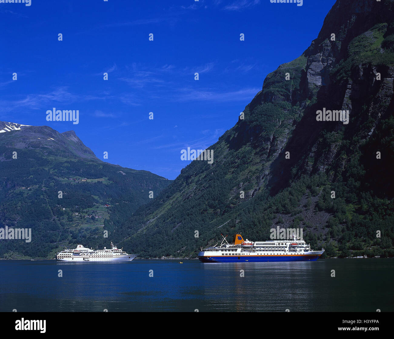 Norway, Geiranger fjord, cruise ships Geiranger, fjord, bay, bile coast, ships, passenger liners, navigation, place of interest, mountain landscape, lake, water, Stock Photo