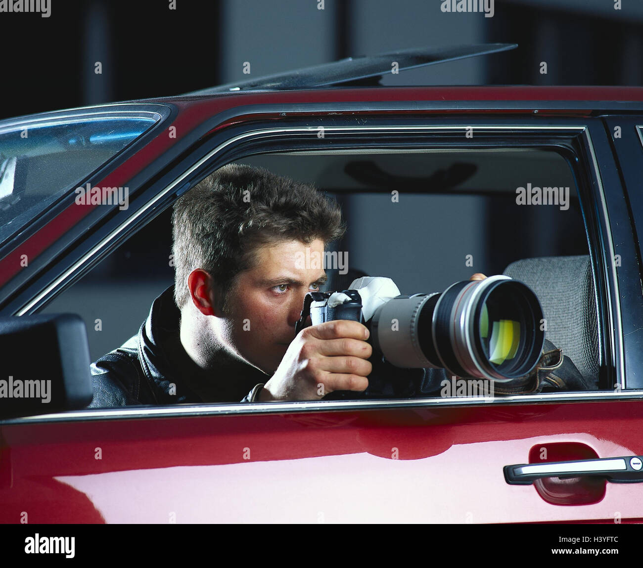 Detective, car window, camera, lens, take photos, detail, man, occupation, private detective
