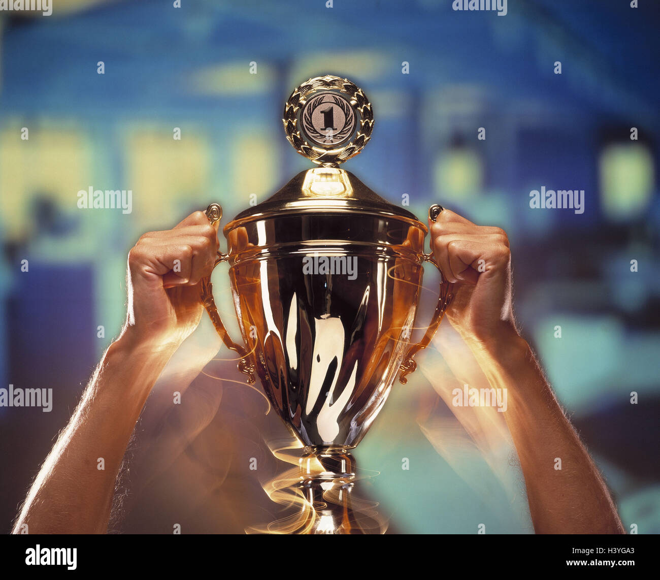 Man, detail, hands, cup, hold, manipulated, blur first, winner, winner, price, victory price, sports price, award, sports award, trophy, victory trophy, product photography, Still life Stock Photo