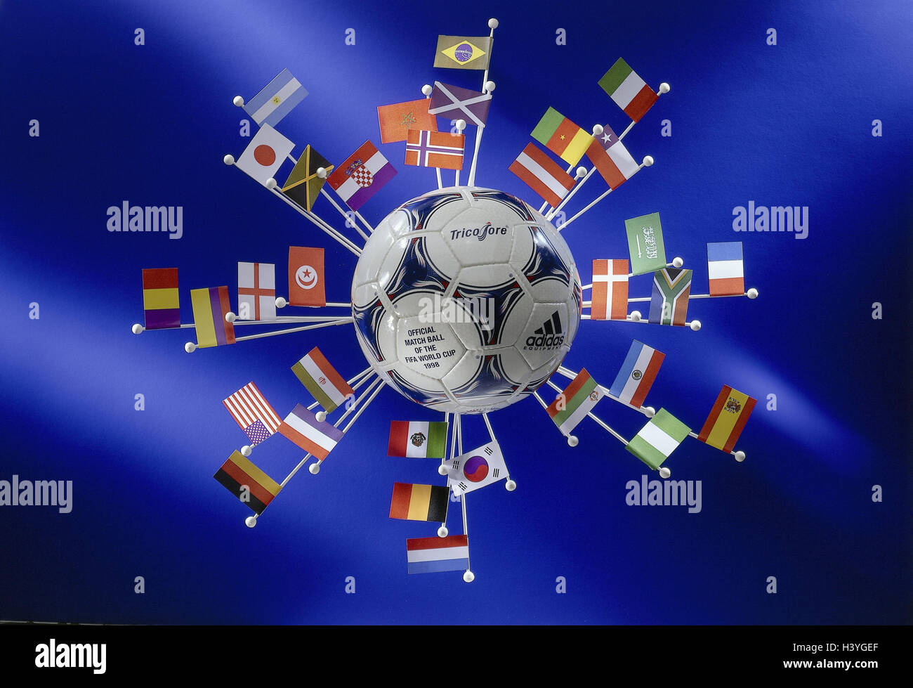 Football, flags, internationally, no property release, Still life, product photography, ball, icon, sport, sport, worldwide, world championship, world championship, Football World Cup, in 1998, flags, pendants, football nations, nations, countries, partic Stock Photo