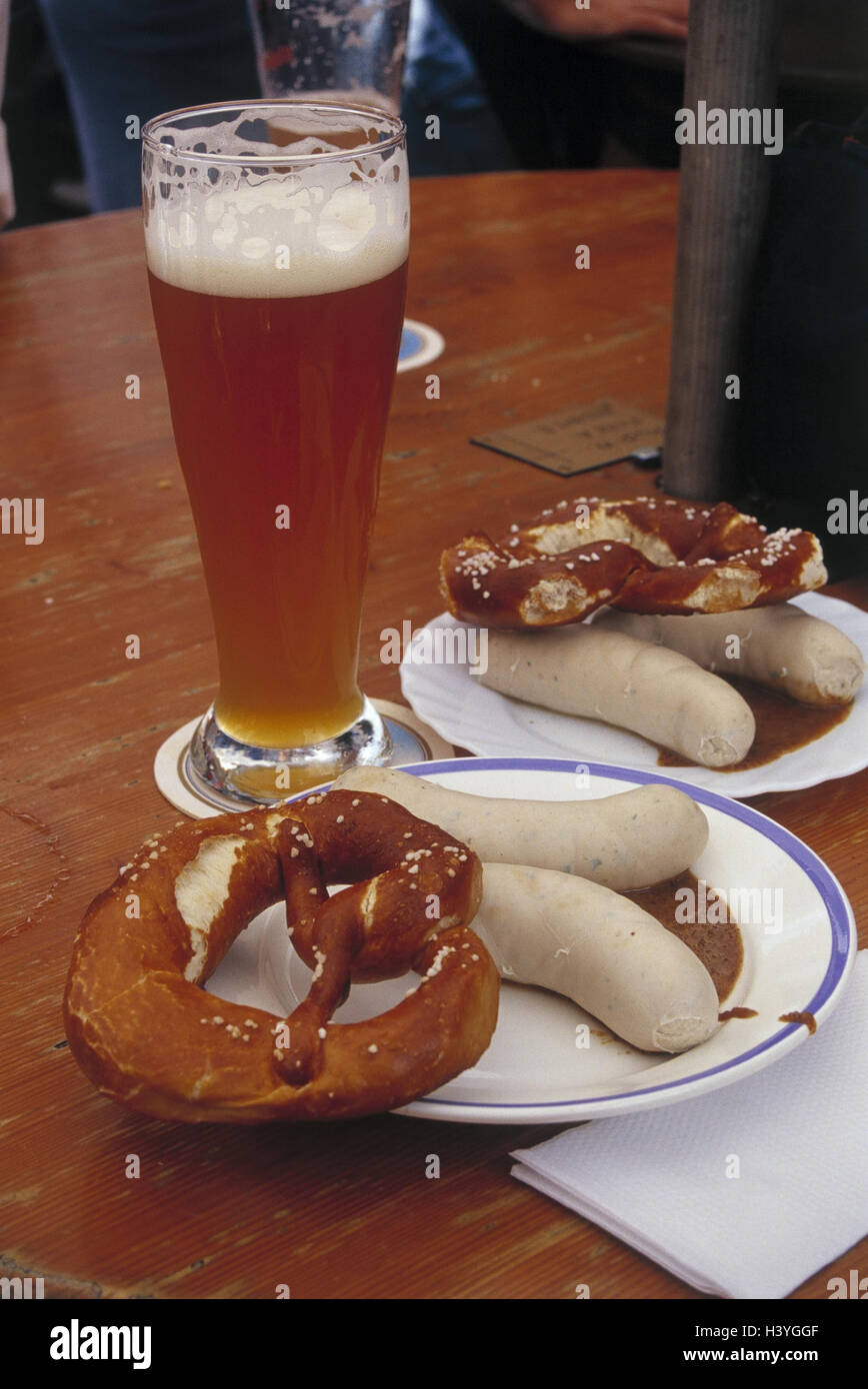 Germany, Bavaria, Munich, food, veal sausages, Breze, mustard, fungus