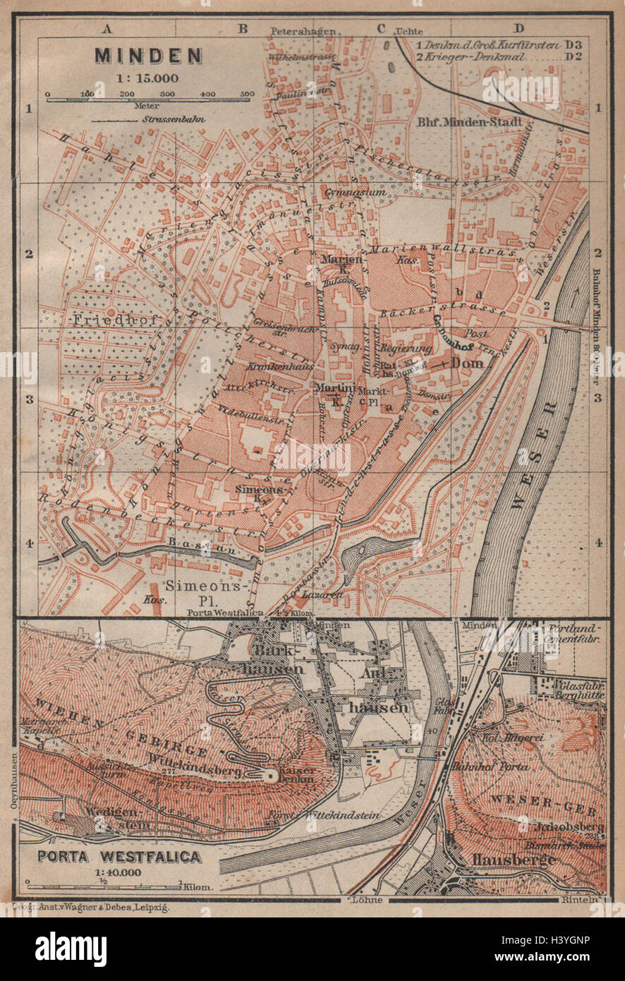 MINDEN antique town city stadtplan. Porta Westfalica. Germany. BAEDEKER 1904 map Stock Photo