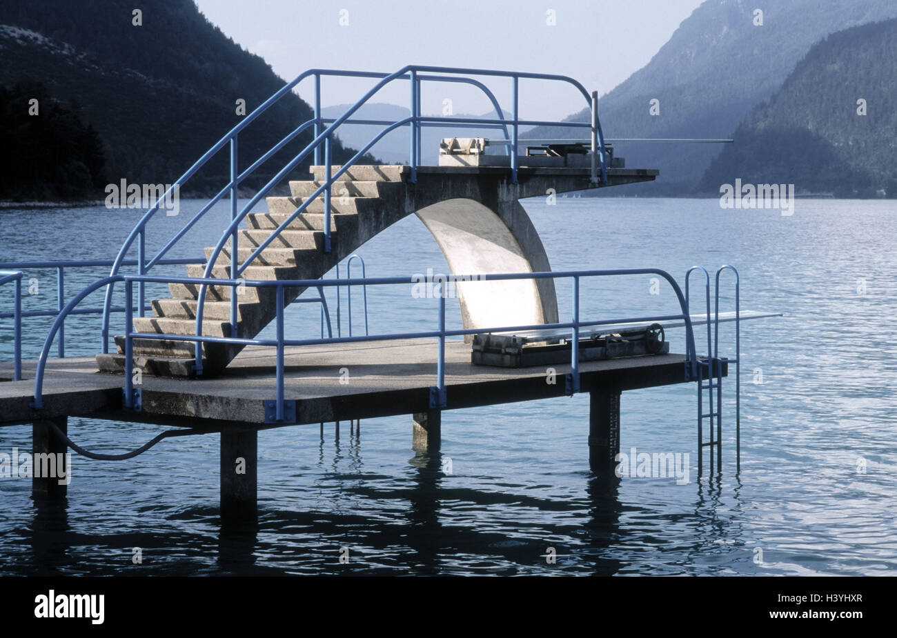 Austria, Tyrol, Achensee, outdoor swimming pool, diving platforms