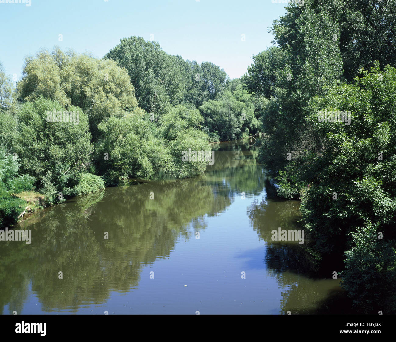 Germany, Saarland, Saarlouis, close Dillingen, Gathering the Saar, Prims, Europe, West Germany, river, rivers, mouth, inlet, water, waters, shore, plants, shrubs, trees, nature, vegetation Stock Photo