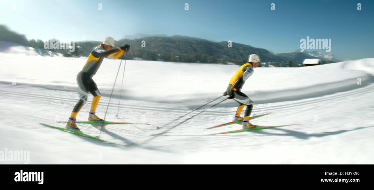 Going crosscountry skiing, skaters, motions winter scenery, cross