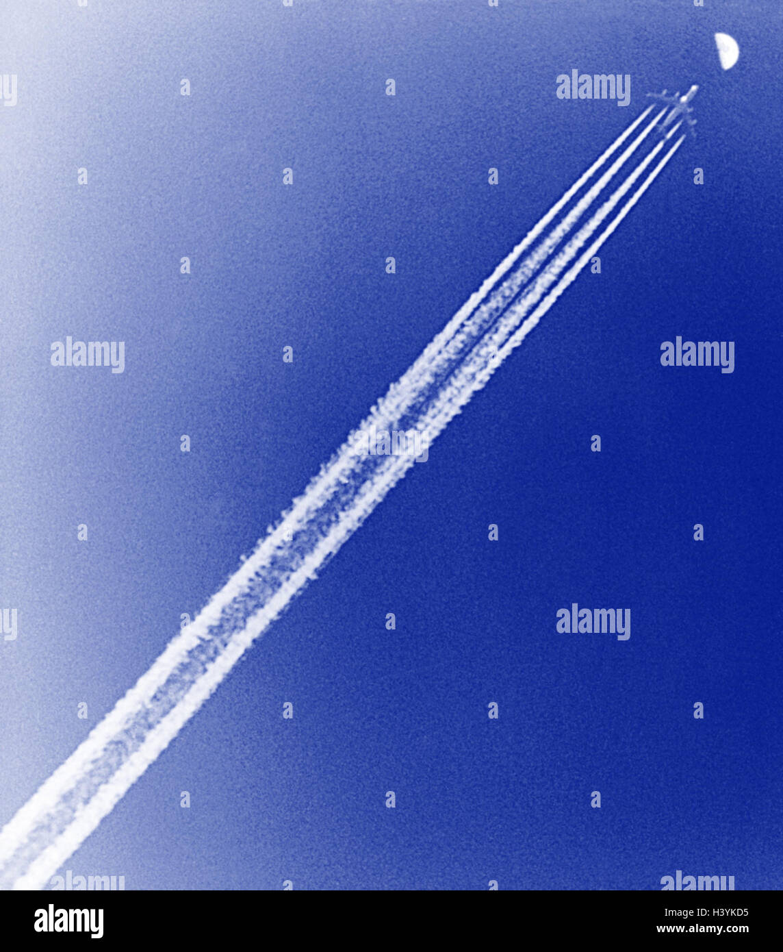 Airplane, contrail, sky, moon, day moon, daytime Stock Photo Alamy