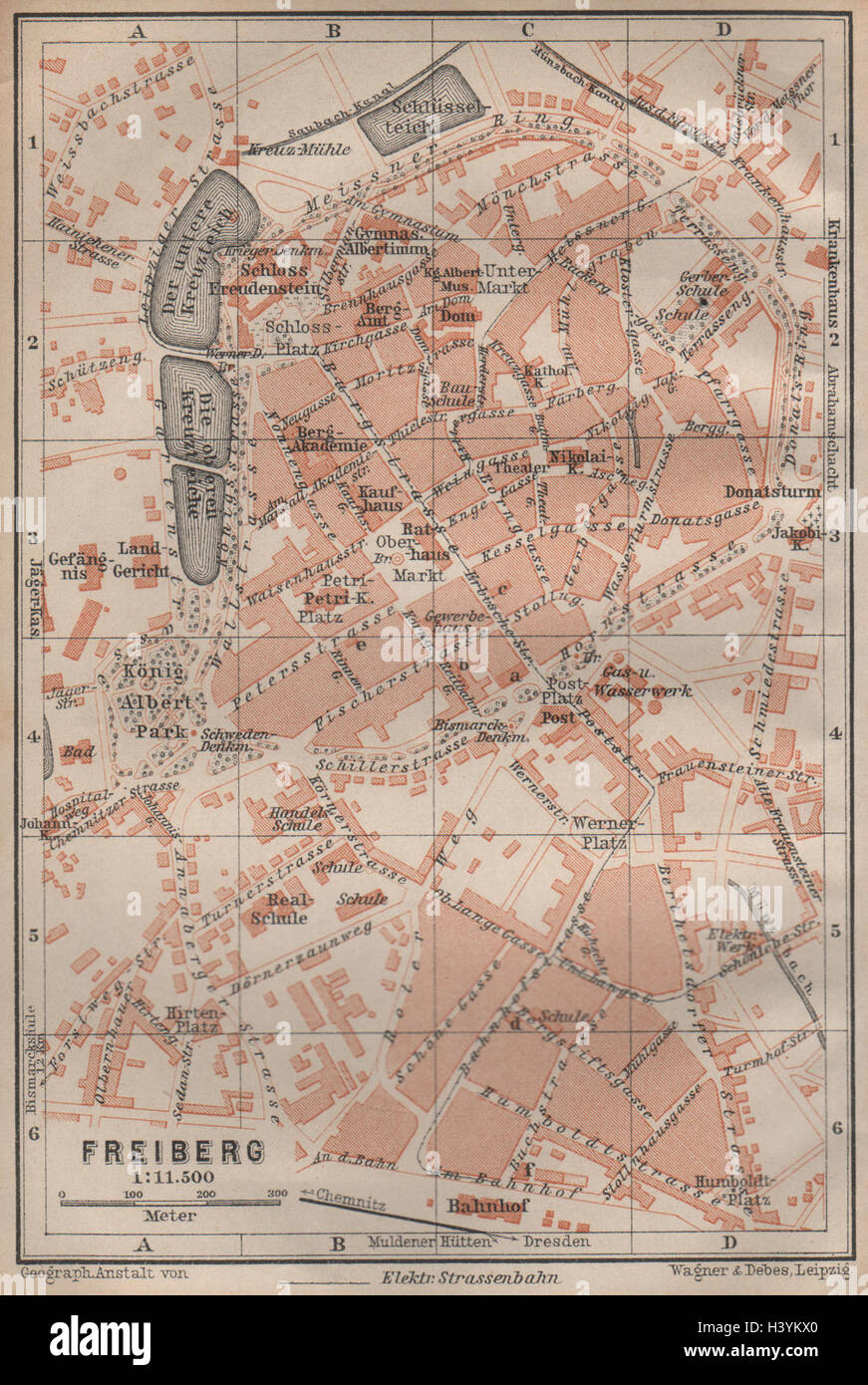 Saxony karte BAEDEKER 1904 old map FREIBERG antique town city stadtplan 