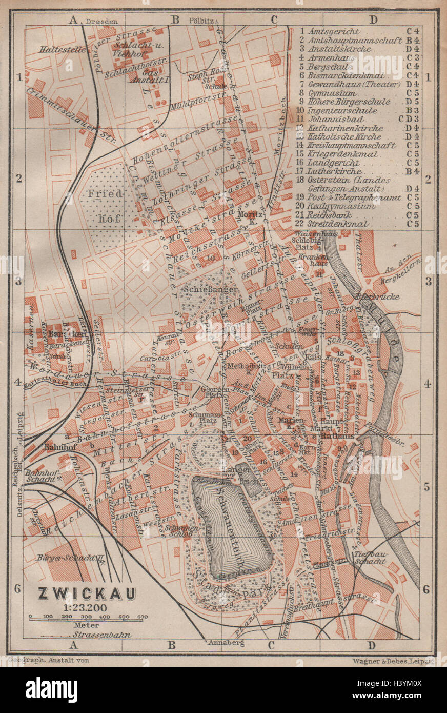 BAEDEKER 1904 old map Saxony karte FREIBERG antique town city stadtplan 