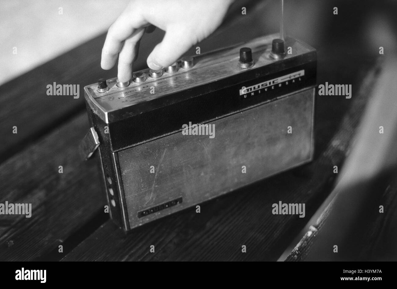 Man's hand, radio, nostalgically, switch on, b/w, the 70s, man, hand ...