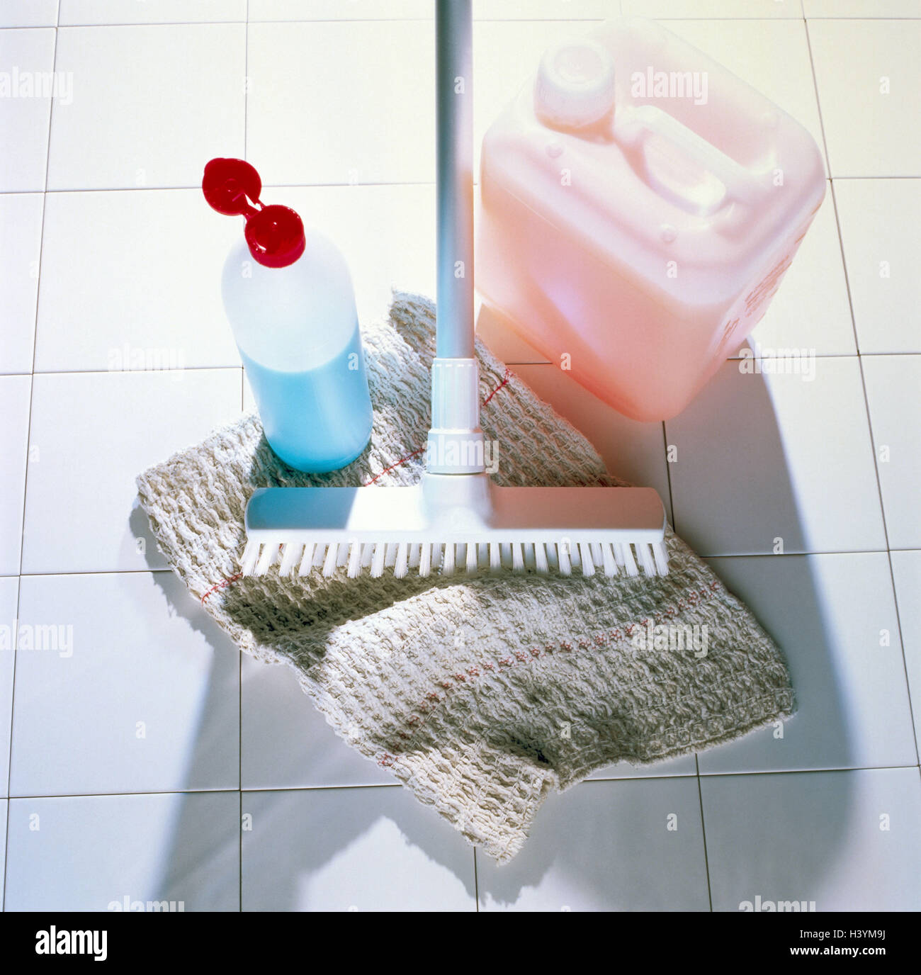 Household, cleaning, floor, cleaning agent, scrubbing brush, cleaning implements, cleaning materials, household cleaners, cleaning, cleanness, cleanly, purely, household, budgetary funds, cleanliness, housework, tiled floor, cleaning cloth, cloth, product Stock Photo